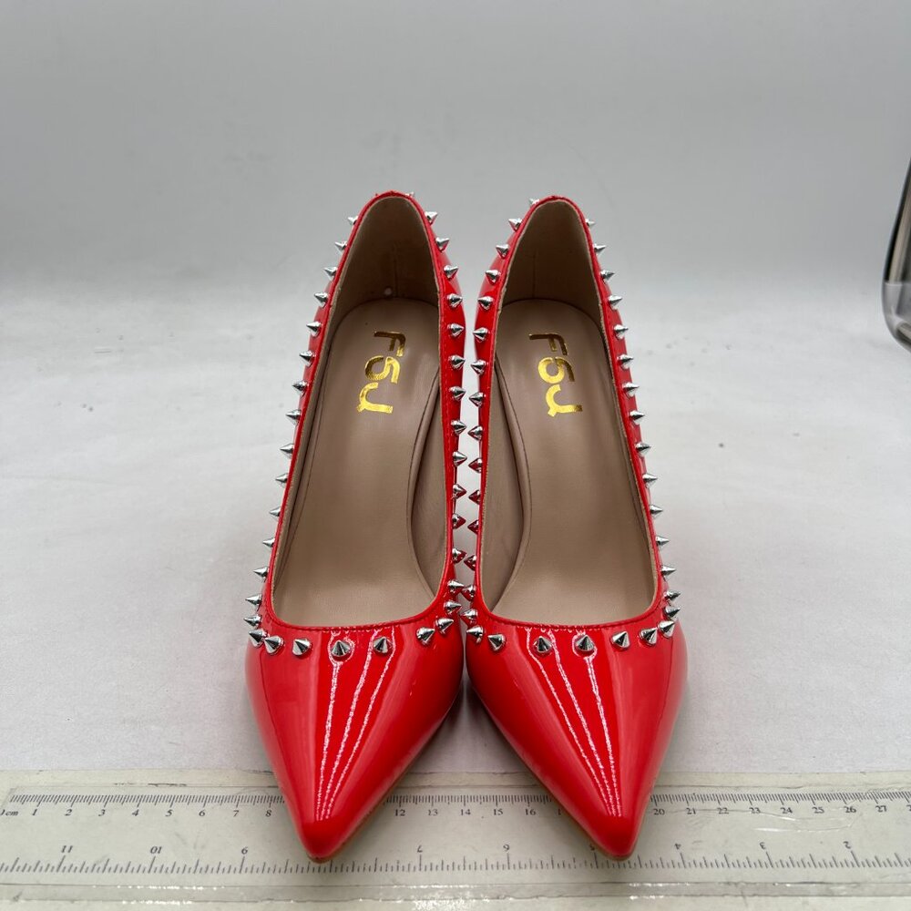 FSJ Red Bridal Pointed Toe High Heel Crystal Pumps Slip on Wedding Rivets Shoes - Picture 2 of 7